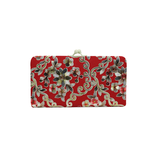 Floral Printed Hard Case Clutch Bag – Red Evening Party Purse