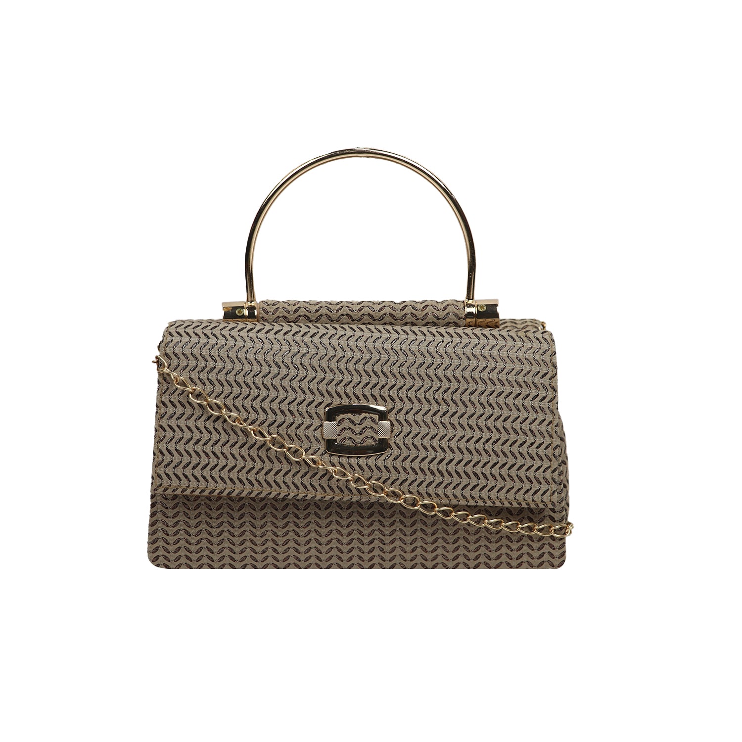 Textured Party Handbag with Metal Handle and Chain Strap – Elegant Evening Clutch - Beige Gold