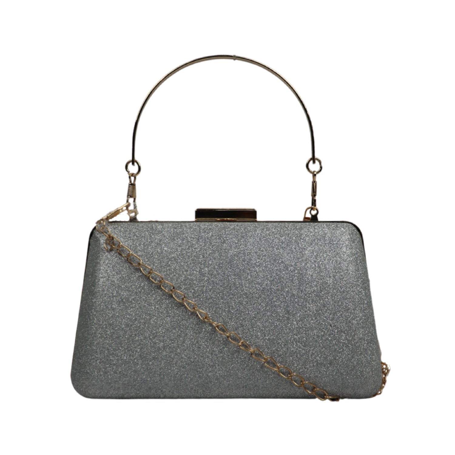 Glitter Party Clutch with Metal Handle and Chain Strap – Elegant Evening Handbag - Silver