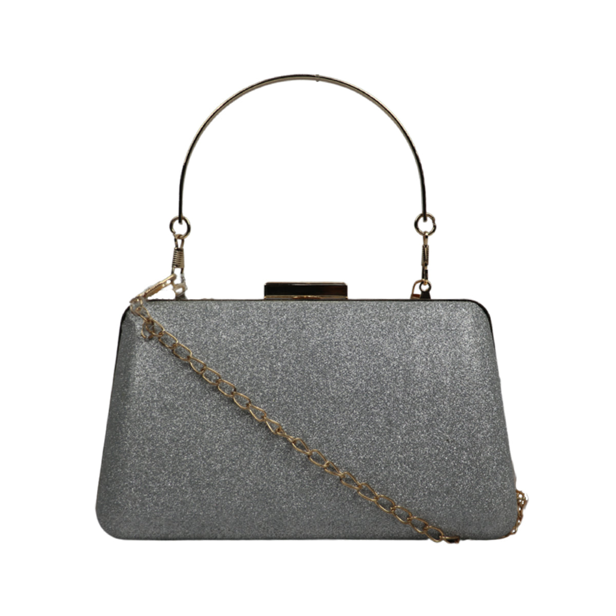 Glitter Party Clutch with Metal Handle and Chain Strap – Elegant Evening Handbag