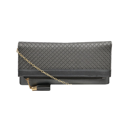 Textured Clutch Wallet with Chain Strap and Tassel Zipper Pocket