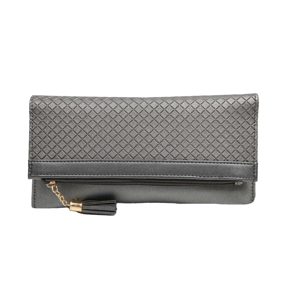 Textured Clutch Wallet with Chain Strap and Tassel Zipper Pocket