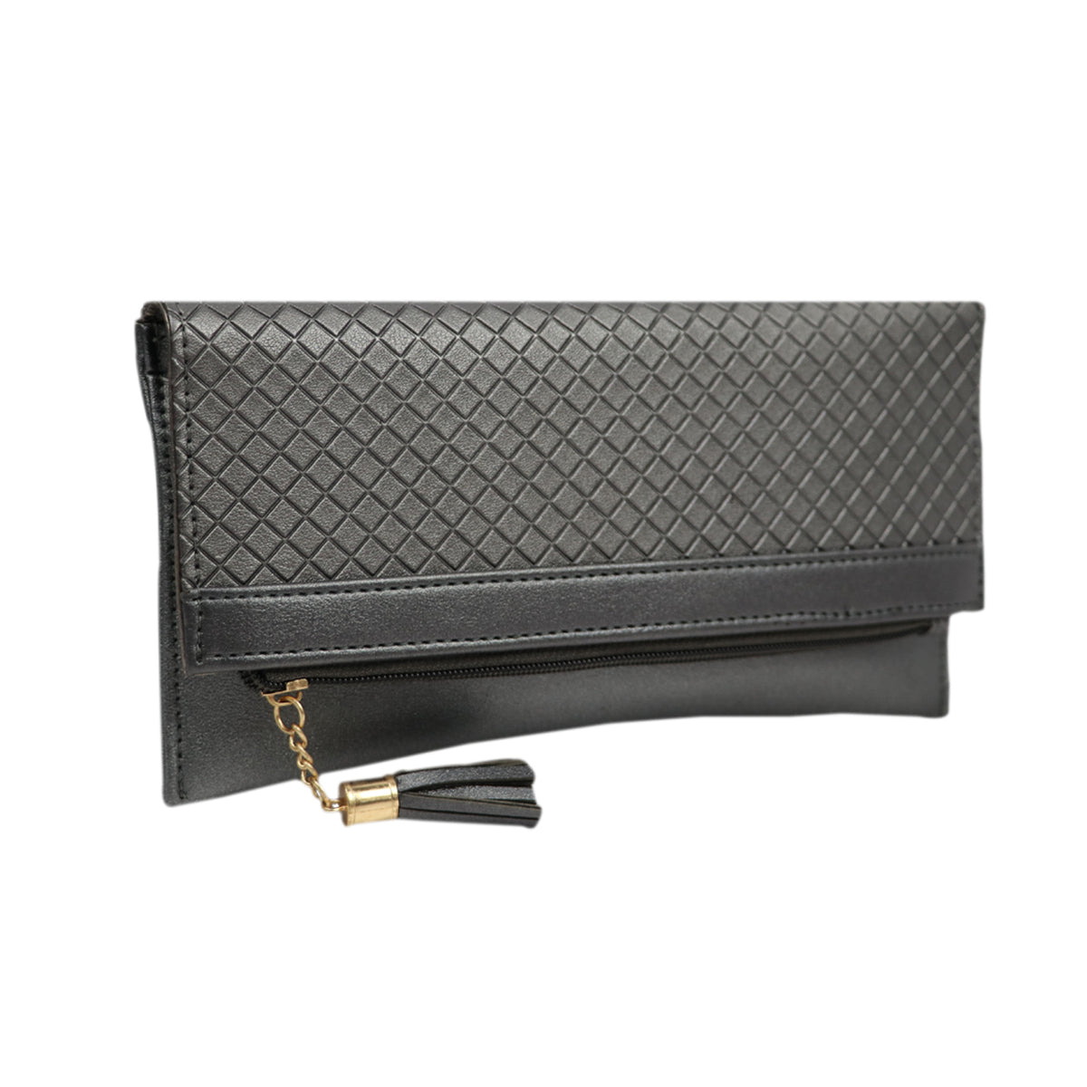 Textured Clutch Wallet with Chain Strap and Tassel Zipper Pocket