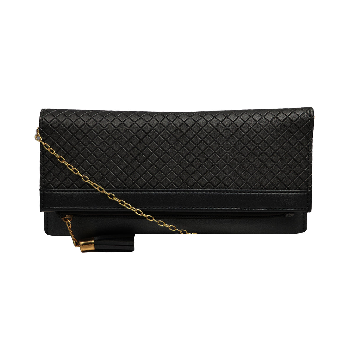 Textured Clutch Wallet with Chain Strap and Tassel Zipper Pocket