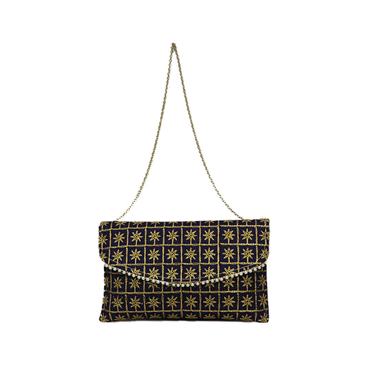 Embroidered Party Clutch Bag with Pearl Border and Gold Chain Strap