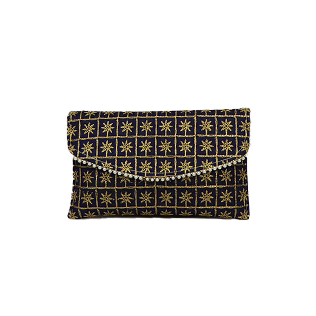 Embroidered Party Clutch Bag with Pearl Border and Gold Chain Strap