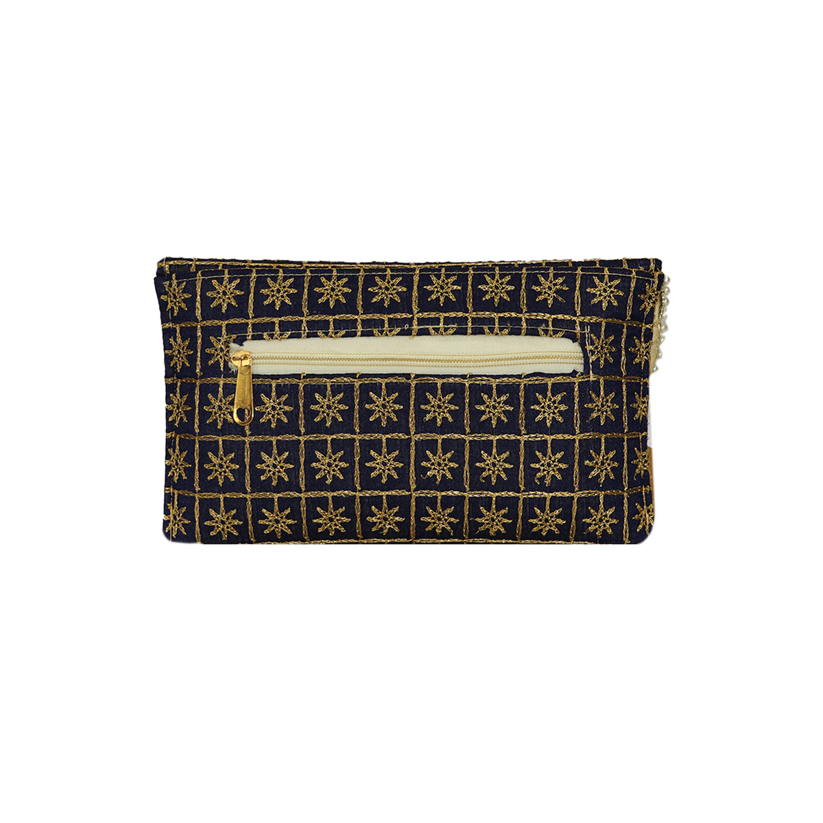 Embroidered Party Clutch Bag with Pearl Border and Gold Chain Strap