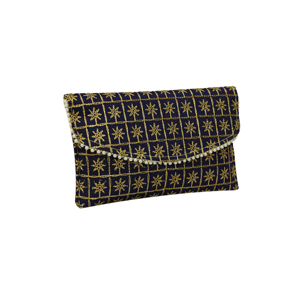 Embroidered Party Clutch Bag with Pearl Border and Gold Chain Strap