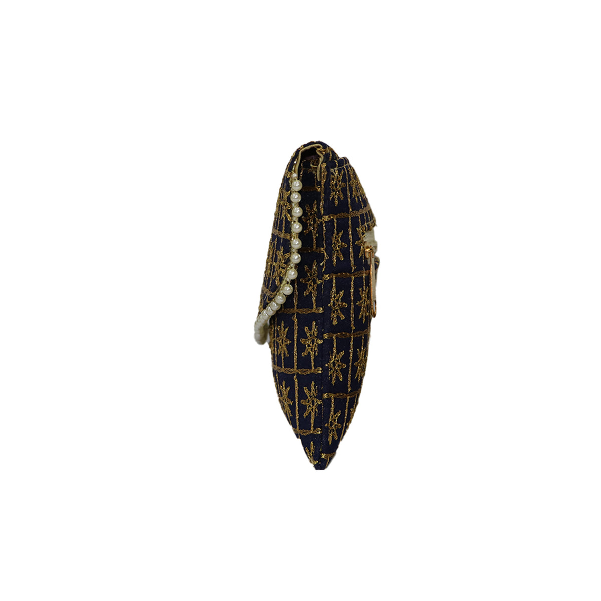 Embroidered Party Clutch Bag with Pearl Border and Gold Chain Strap