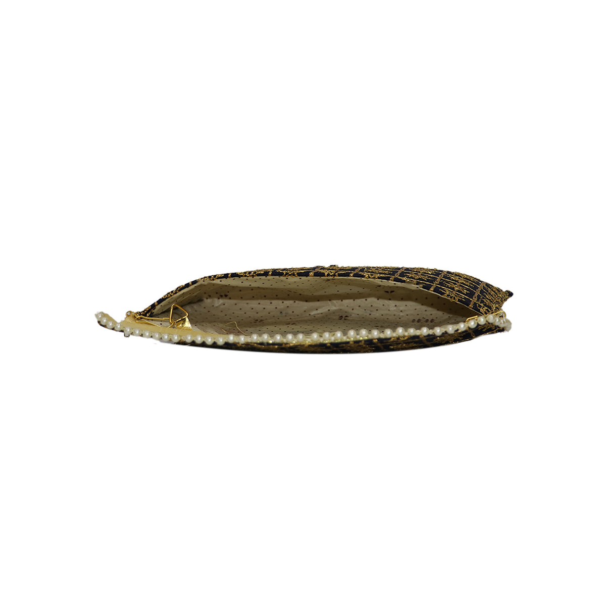 Embroidered Party Clutch Bag with Pearl Border and Gold Chain Strap