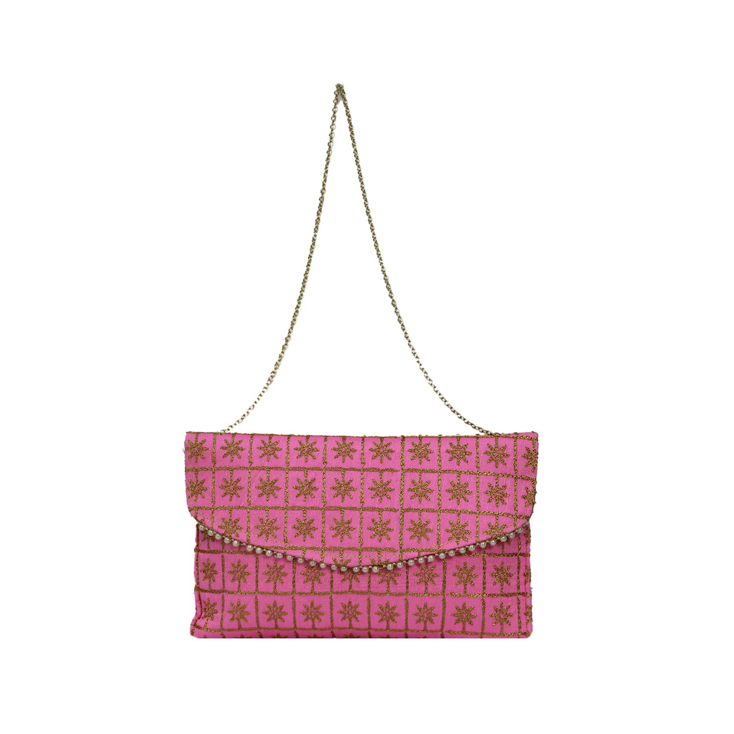 Embroidered Party Clutch Bag with Pearl Border and Gold Chain Strap - Pink