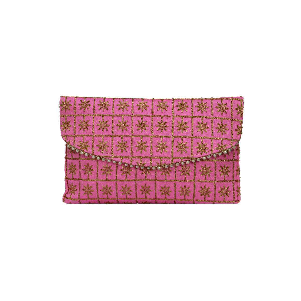 Embroidered Party Clutch Bag with Pearl Border and Gold Chain Strap