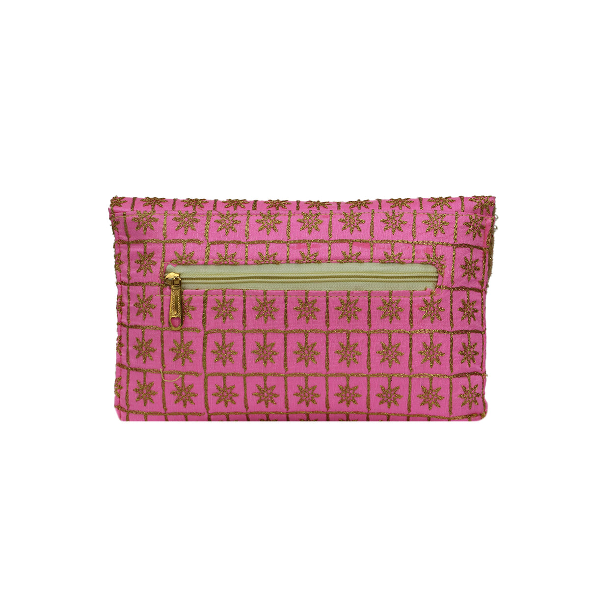 Embroidered Party Clutch Bag with Pearl Border and Gold Chain Strap