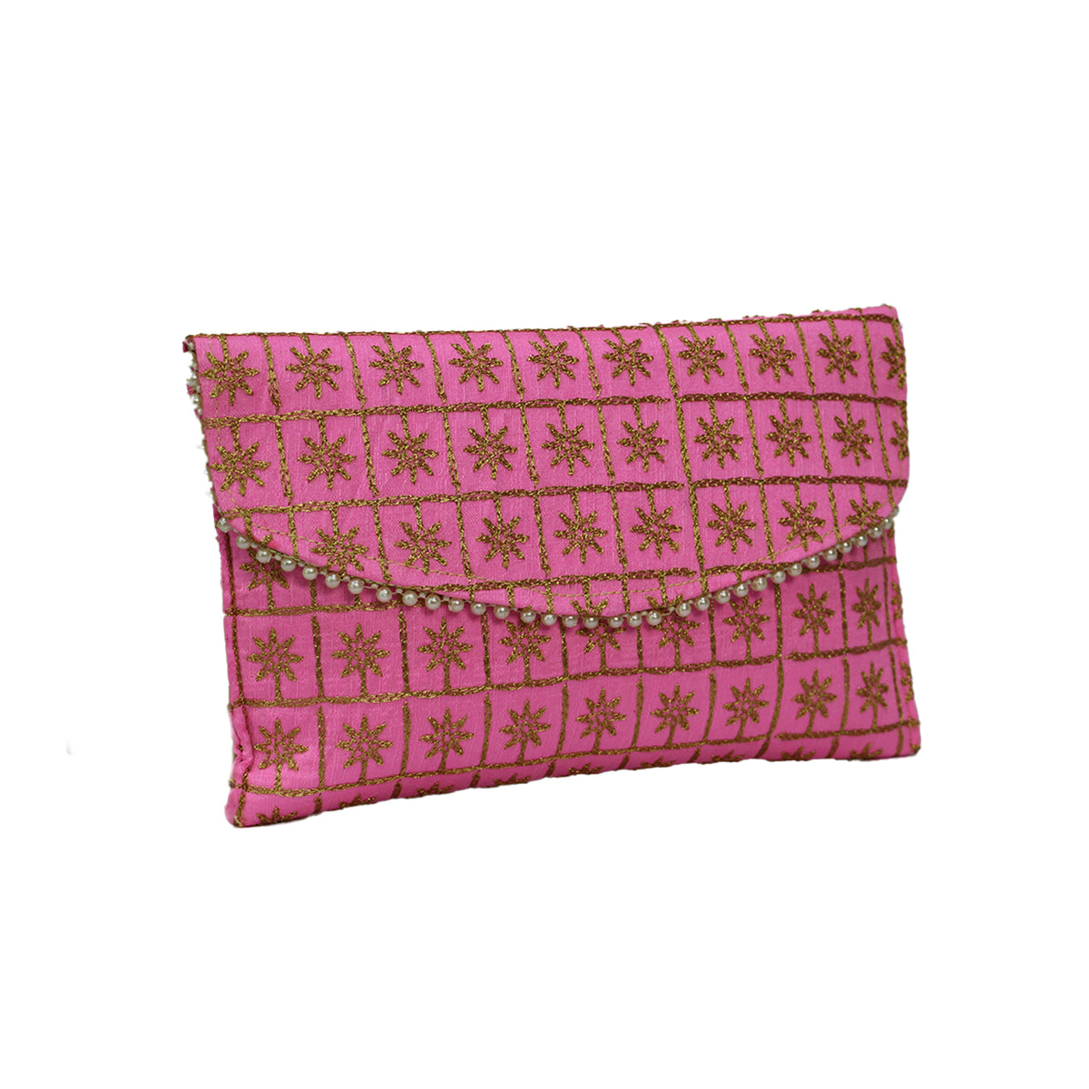 Embroidered Party Clutch Bag with Pearl Border and Gold Chain Strap
