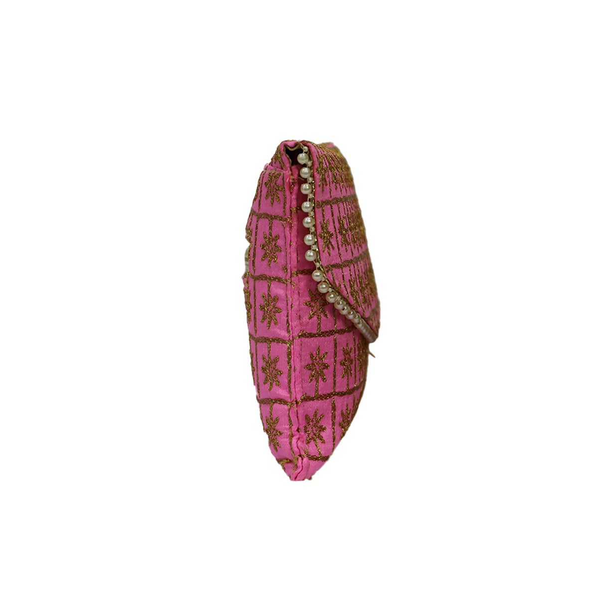 Embroidered Party Clutch Bag with Pearl Border and Gold Chain Strap