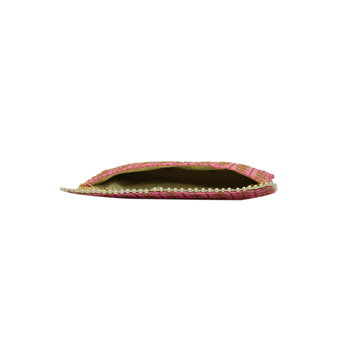 Embroidered Party Clutch Bag with Pearl Border and Gold Chain Strap