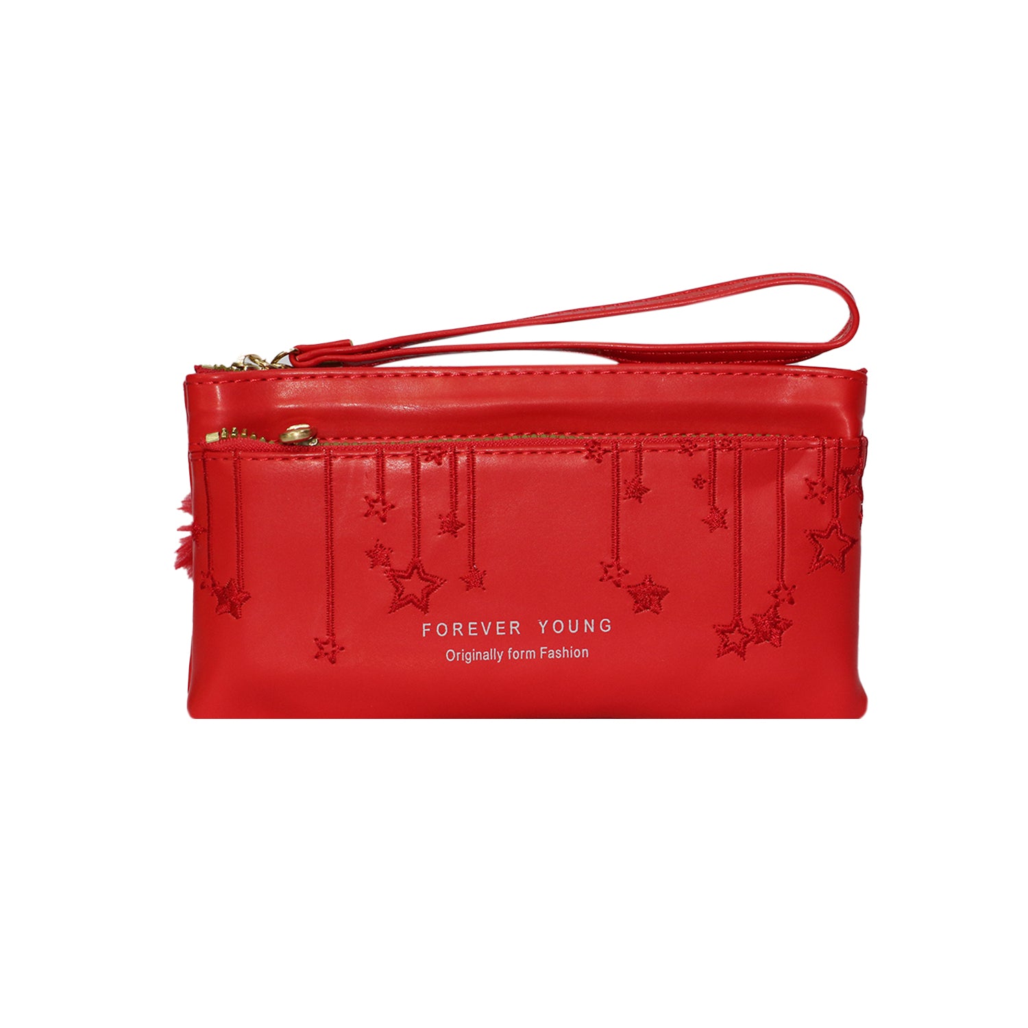 Wristlet Cosmetic Pouch Makeup Organizer with Zipper and Pom Pom - RED