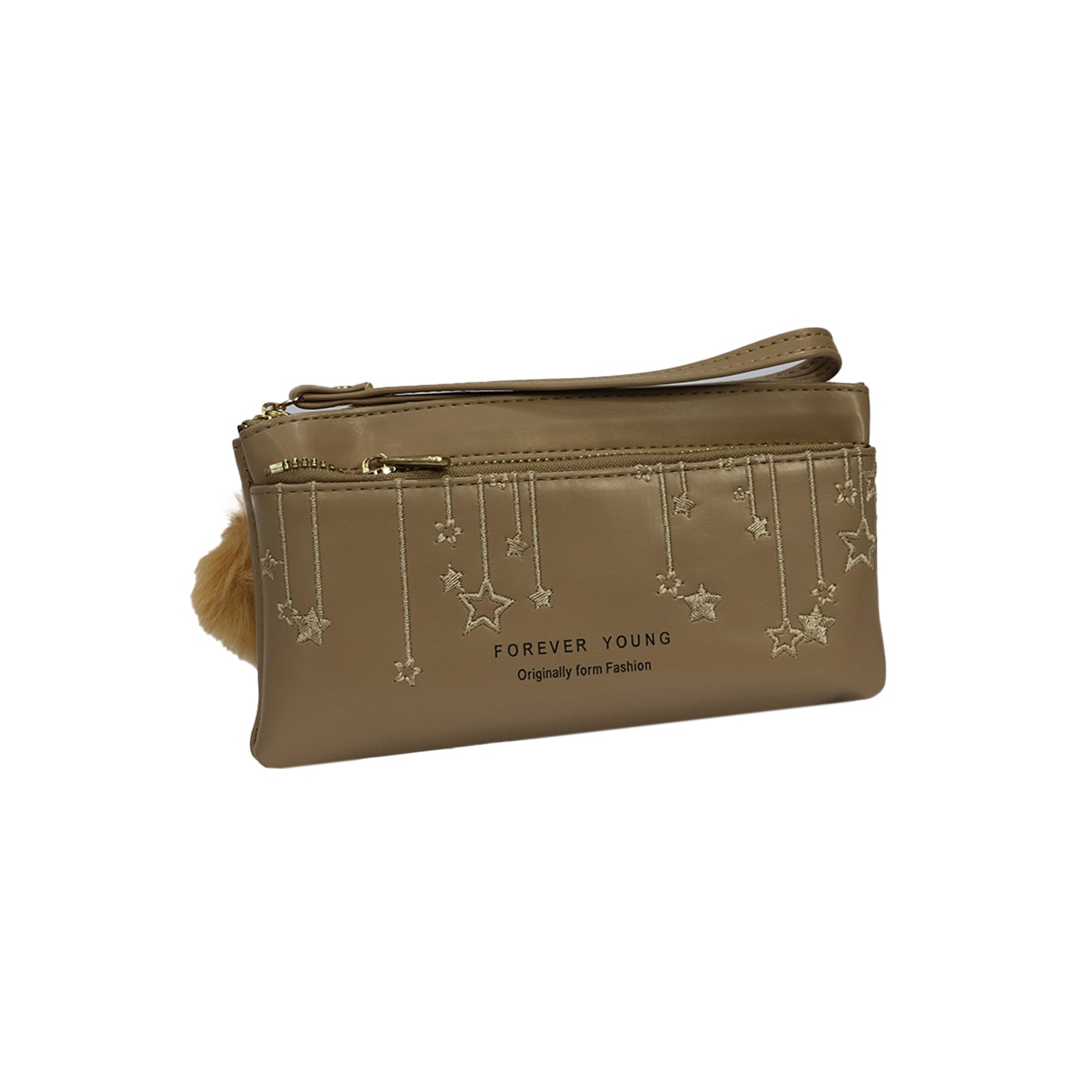 Wristlet Cosmetic Pouch Makeup Organizer with Zipper and Pom Pom - Brown