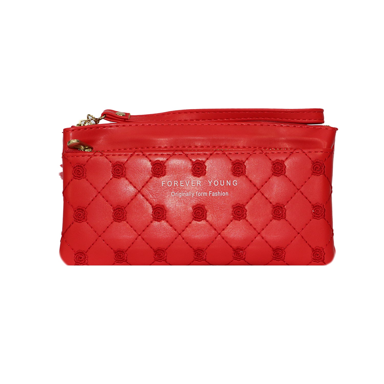 Wristlet Cosmetic Pouch Makeup Organizer with Zipper and Pom Pom - Red