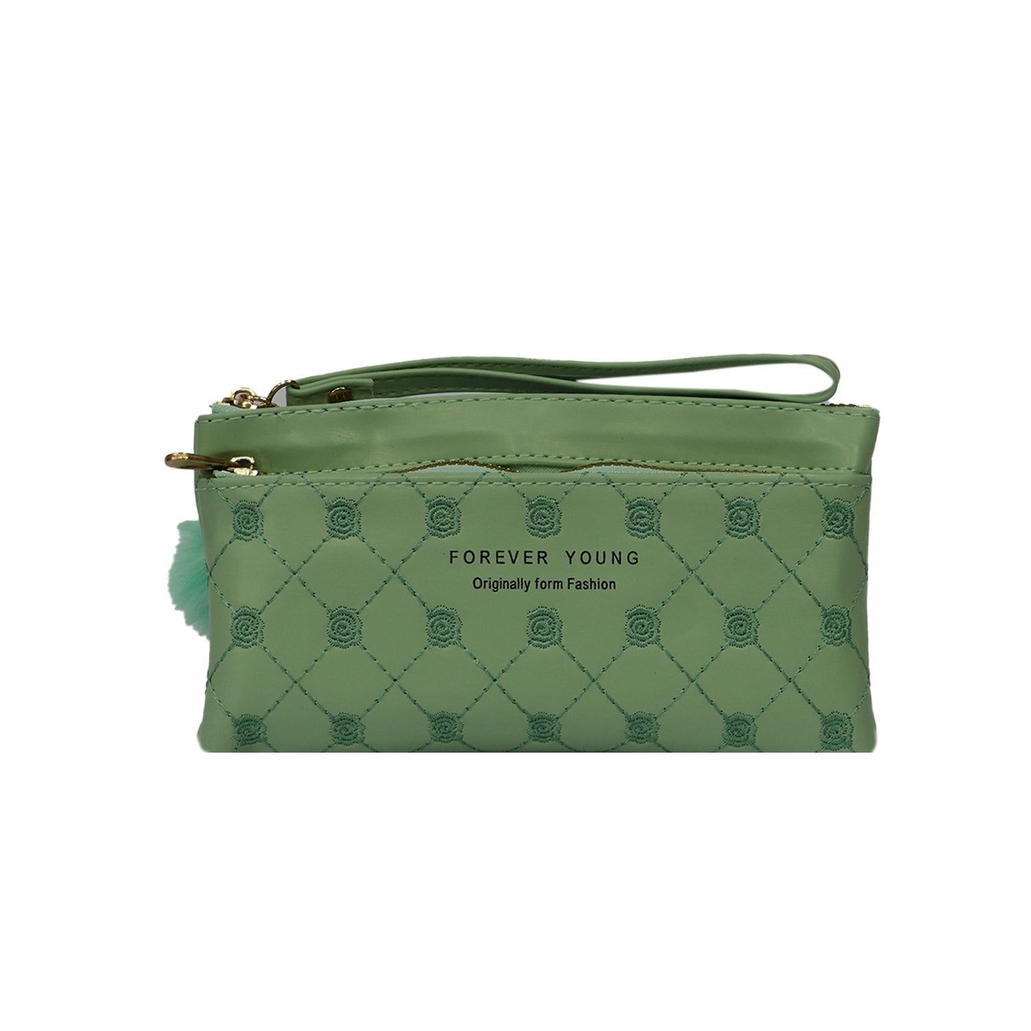 Wristlet Cosmetic Pouch Makeup Organizer with Zipper and Pom Pom - Light Green