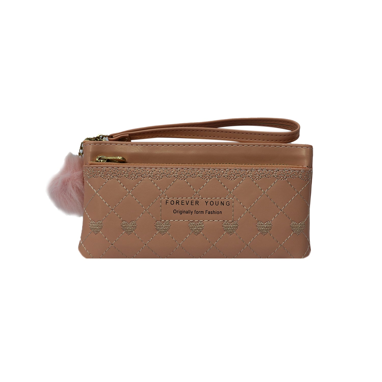 Wristlet Cosmetic Pouch Makeup Organizer with Zipper and Pom Pom - brown