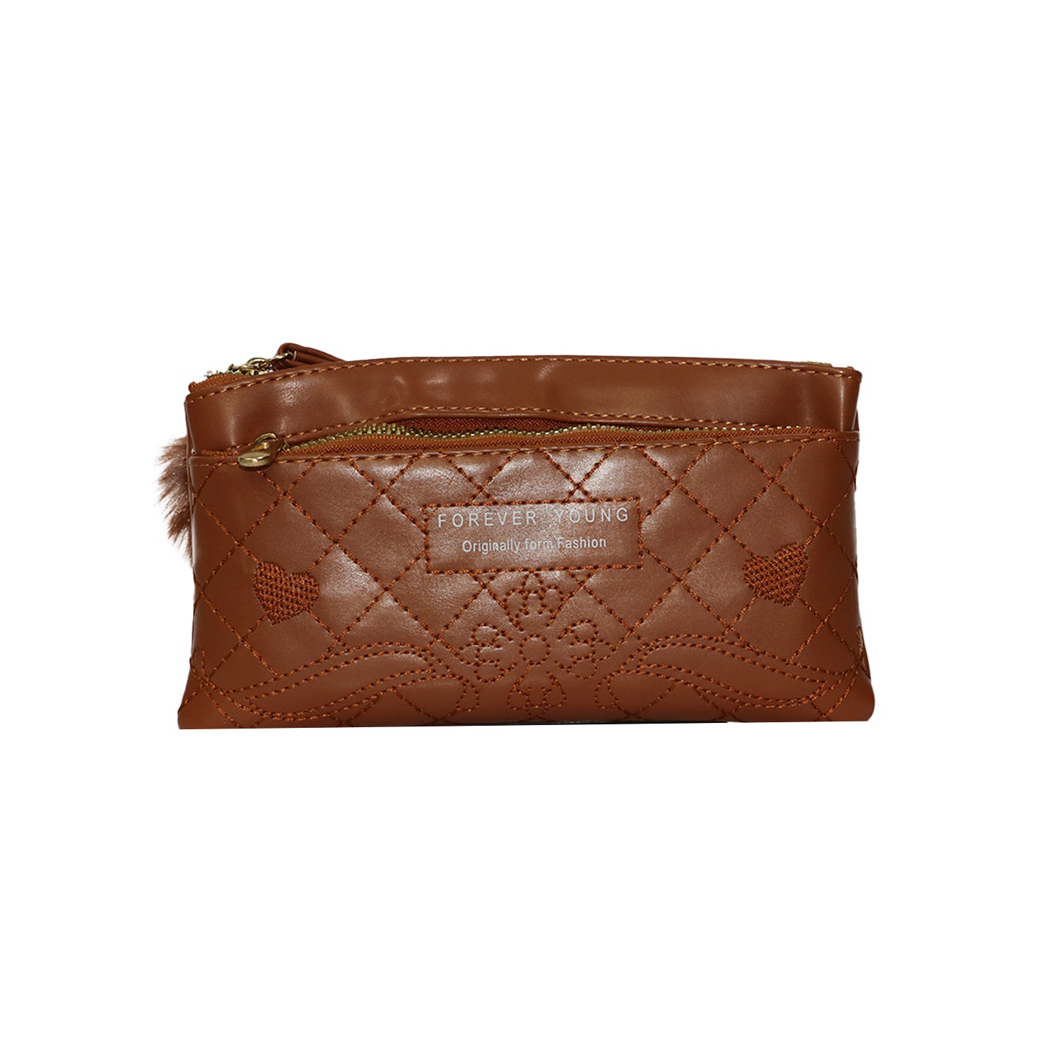 Wristlet Cosmetic Pouch Makeup Organizer with Zipper and Pom Pom - Dark Brown