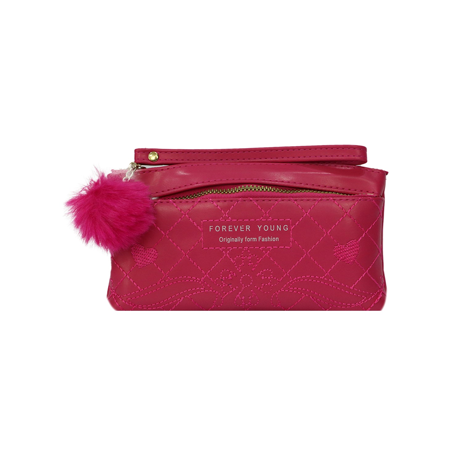 Wristlet Cosmetic Pouch Makeup Organizer with Zipper and Pom Pom - Dark Pink