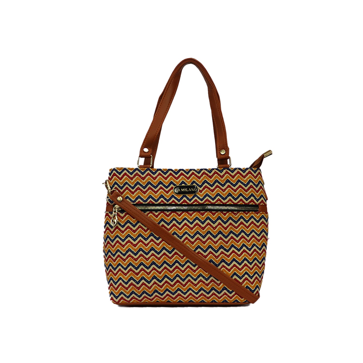 Zigzag Printed Tote Handbag with Shoulder Handle and Sling Strap - Multi Color