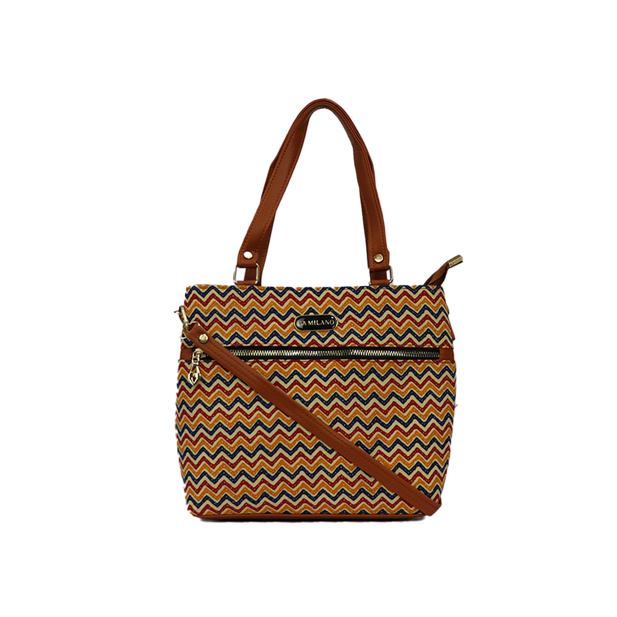 Zigzag Printed Tote Handbag with Shoulder Handle and Sling Strap