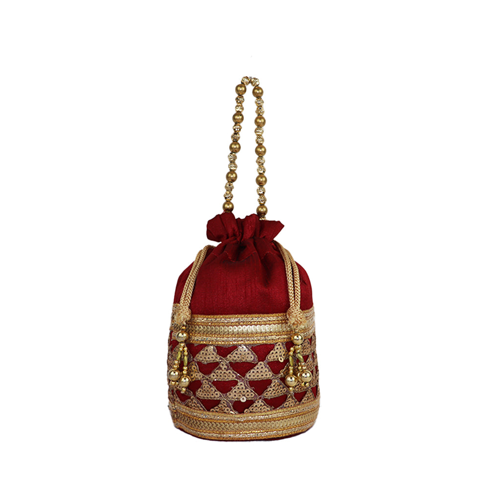 Embroidered Potli Bag with Golden Beaded Handle Traditional Ethnic - Red