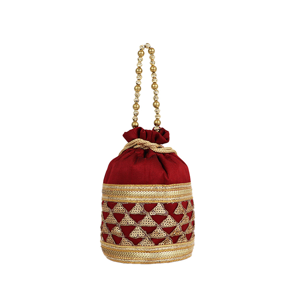 Embroidered Potli Bag with Golden Beaded Handle Traditional Ethnic