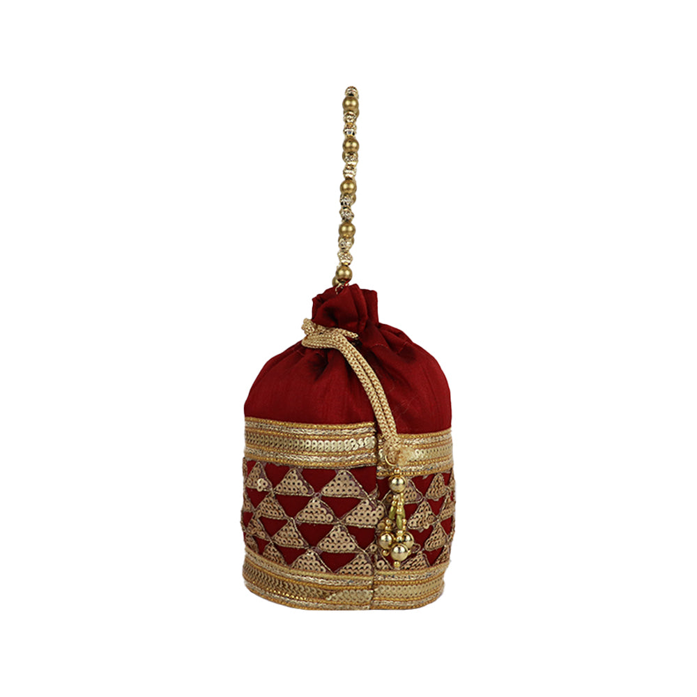 Embroidered Potli Bag with Golden Beaded Handle Traditional Ethnic