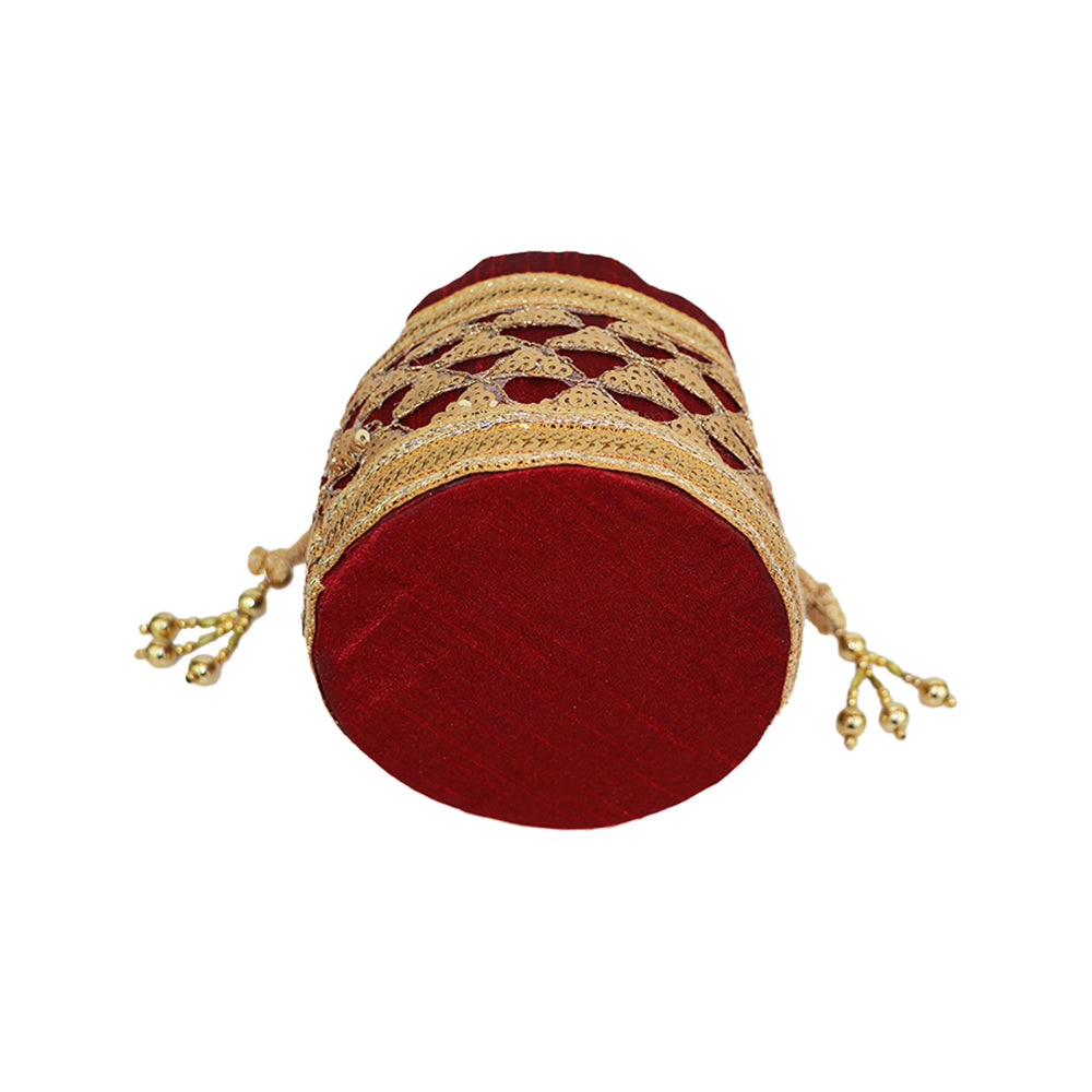 Embroidered Potli Bag with Golden Beaded Handle Traditional Ethnic