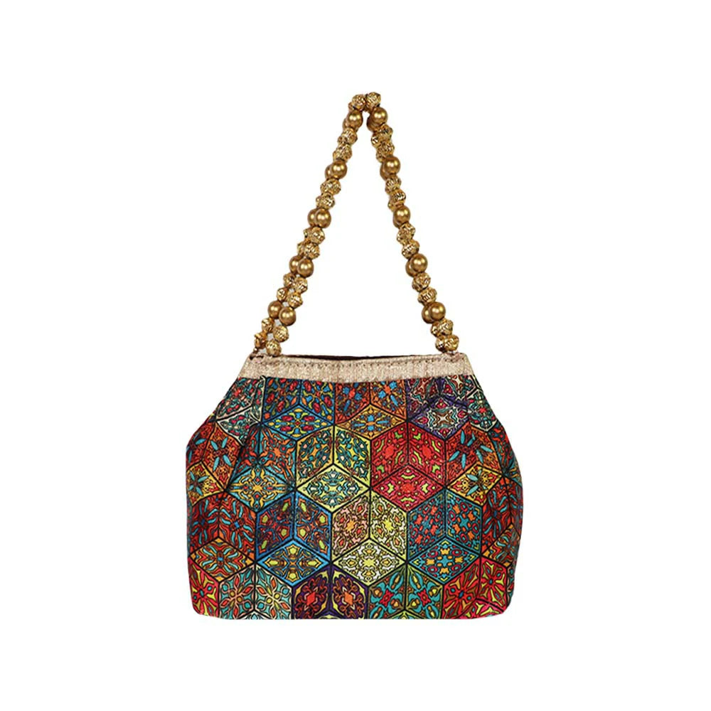 Women’s Multicolor Patchwork Handbag with Golden Beaded Handle
