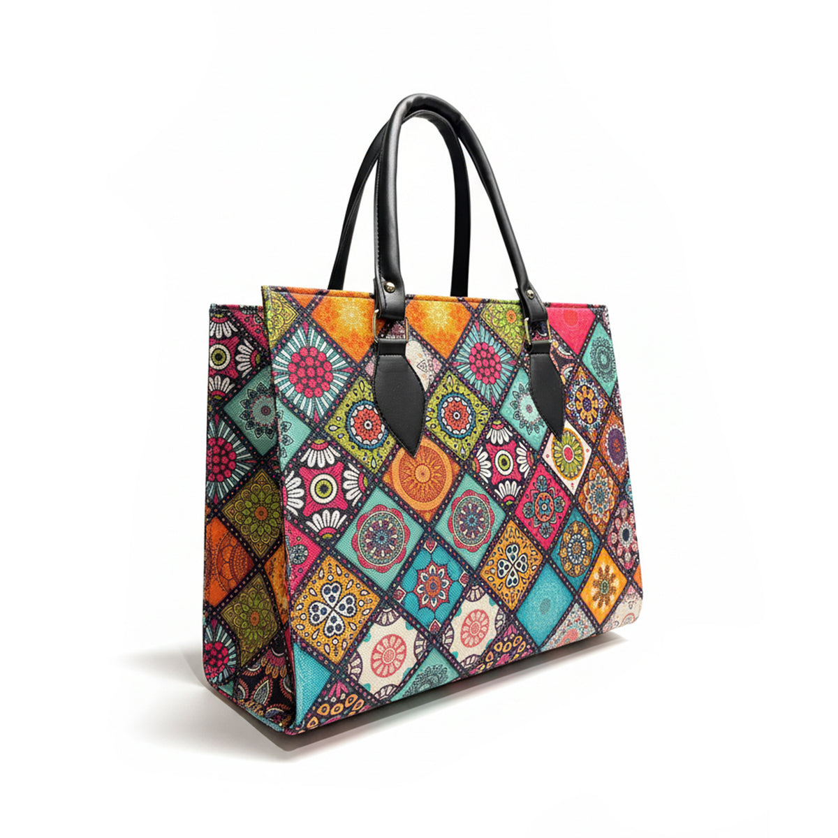 Floral Printed Structured Tote Bag with Black Handles