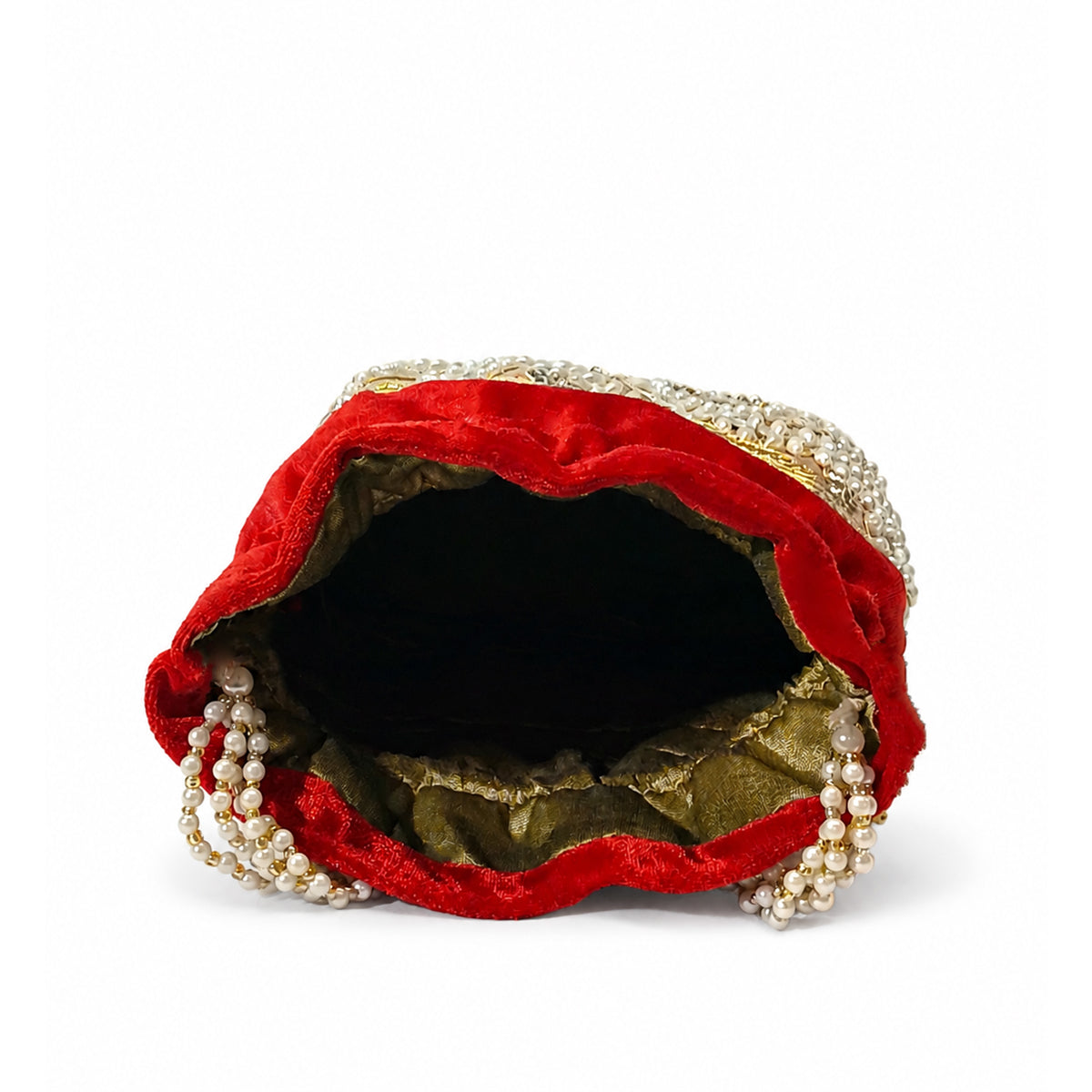 Embroidered Potli Bag with Pearl Beaded Handle & Mirror Work Bag