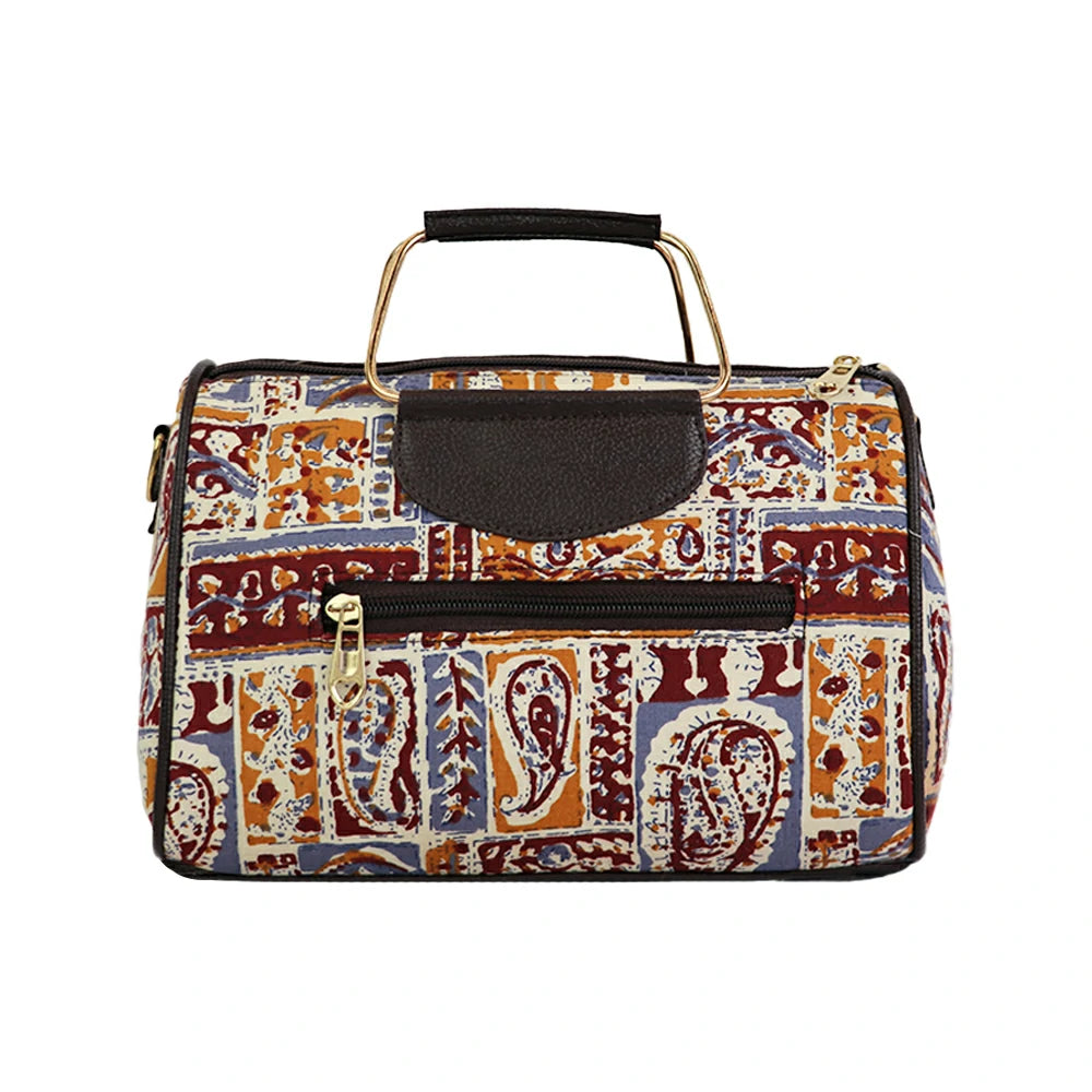 Women Red Printed Duffle Handbag with Sling Strap & Metal Handle – Travel & Everyday Stylish Bag