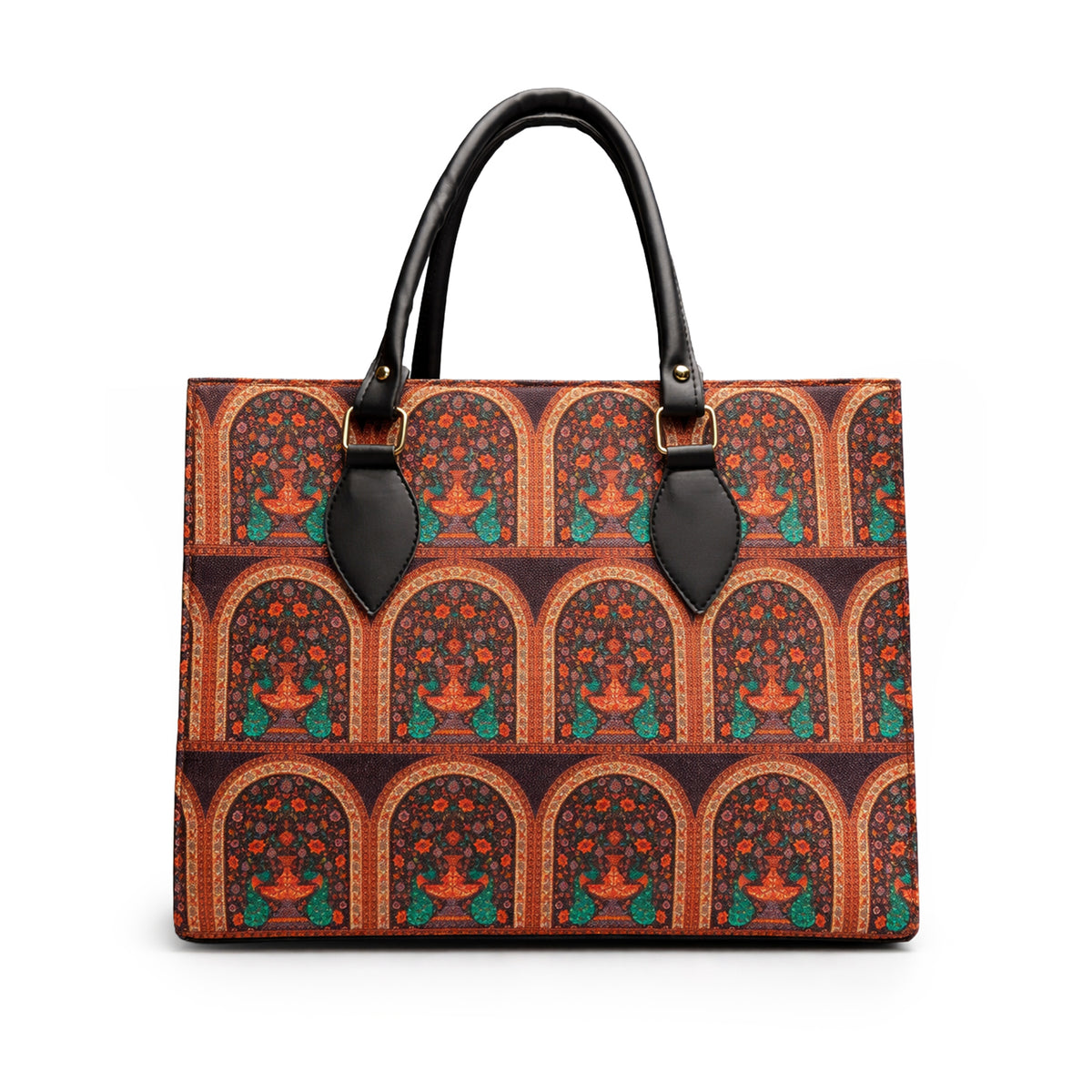 Floral Printed Structured Tote Bag with Black Handles