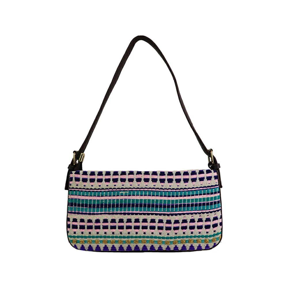 Embroidered Shoulder Bag with Detachable Strap and Zipper Closure