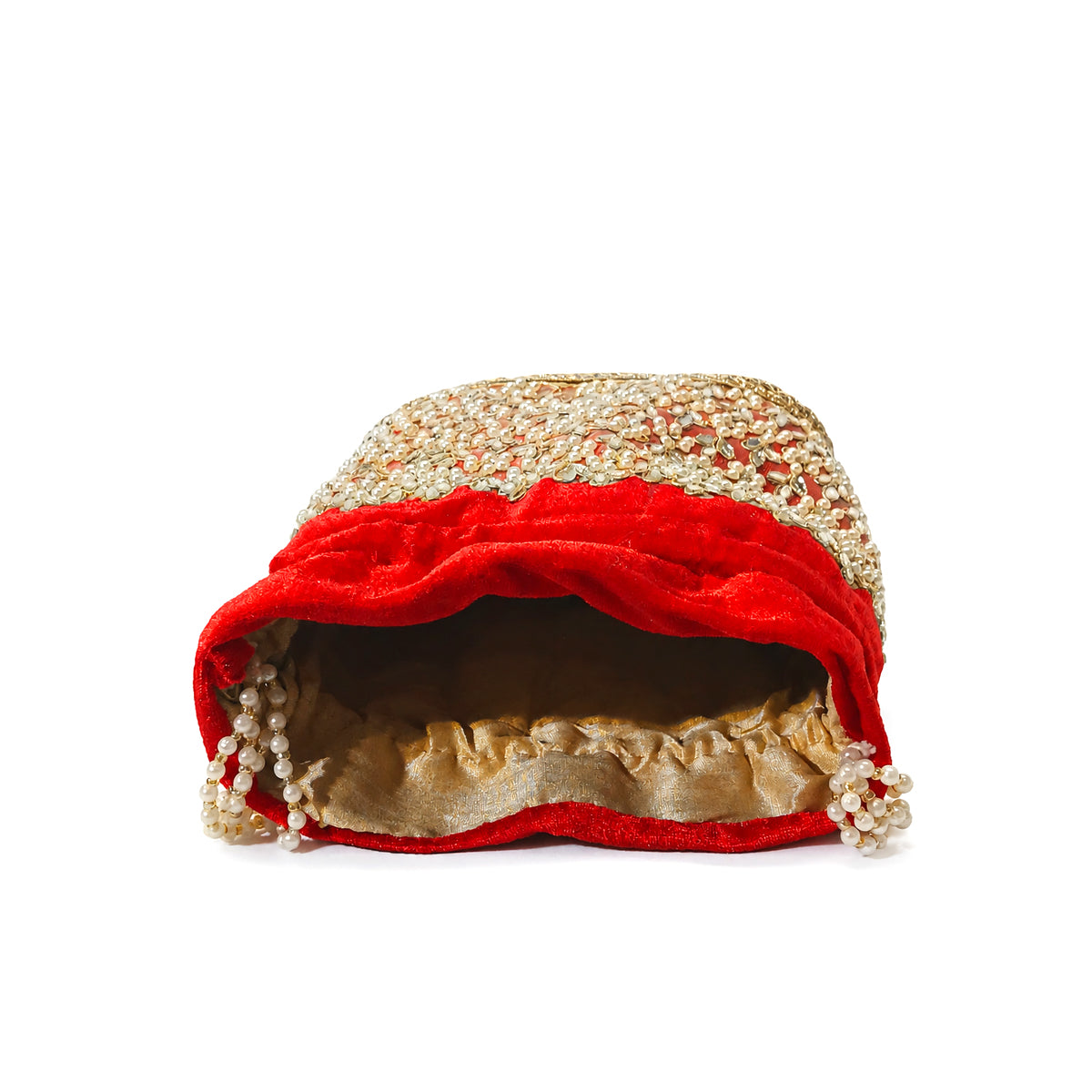 Embroidered Potli Bag with Pearl Beaded Handle & Mirror Work Bag