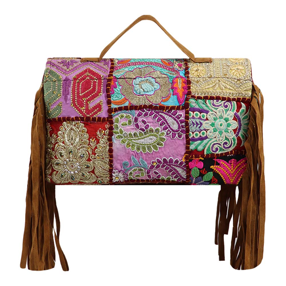 Bohemian Patchwork Fringe Handbag with Tribal Embellishments