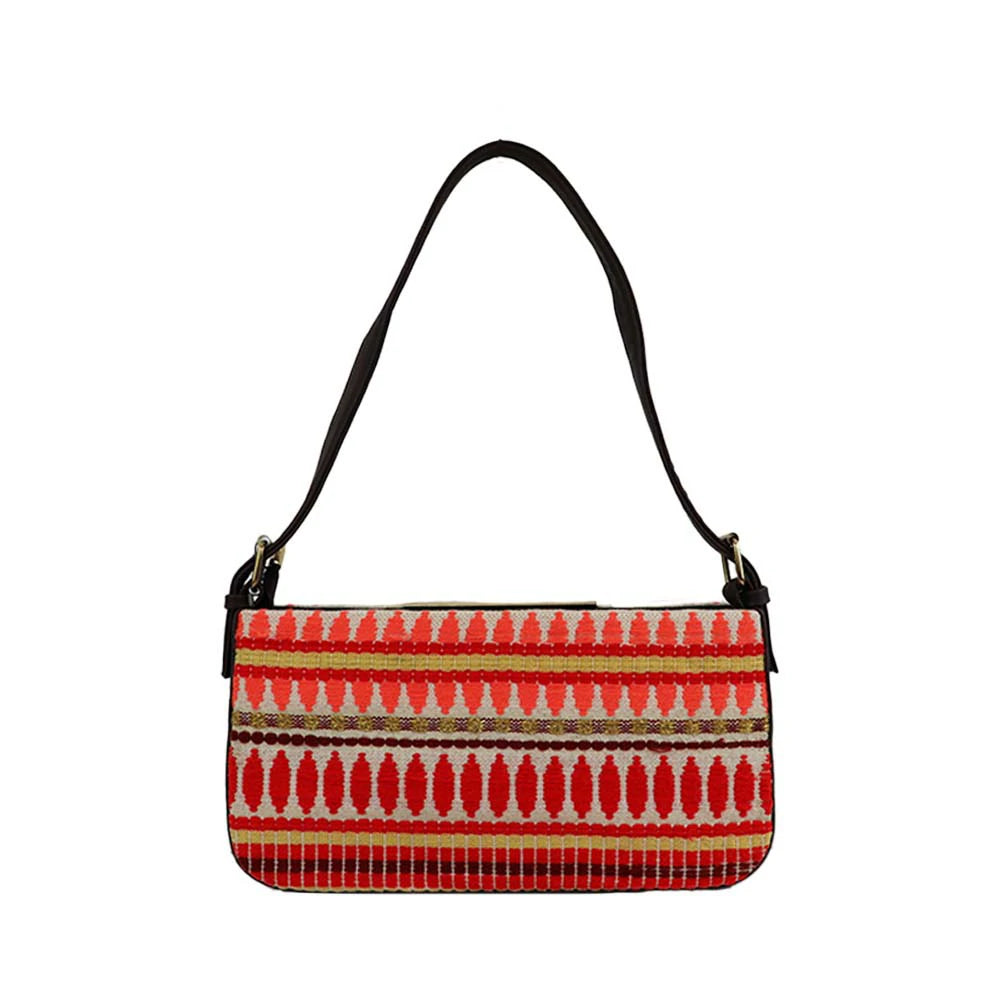 Embroidered Shoulder Bag with Detachable Strap and Zipper Closure