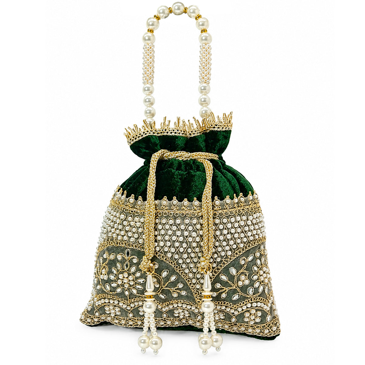 Embroidered Potli Bag with Pearl Beaded Handle & Mirror Work Bag