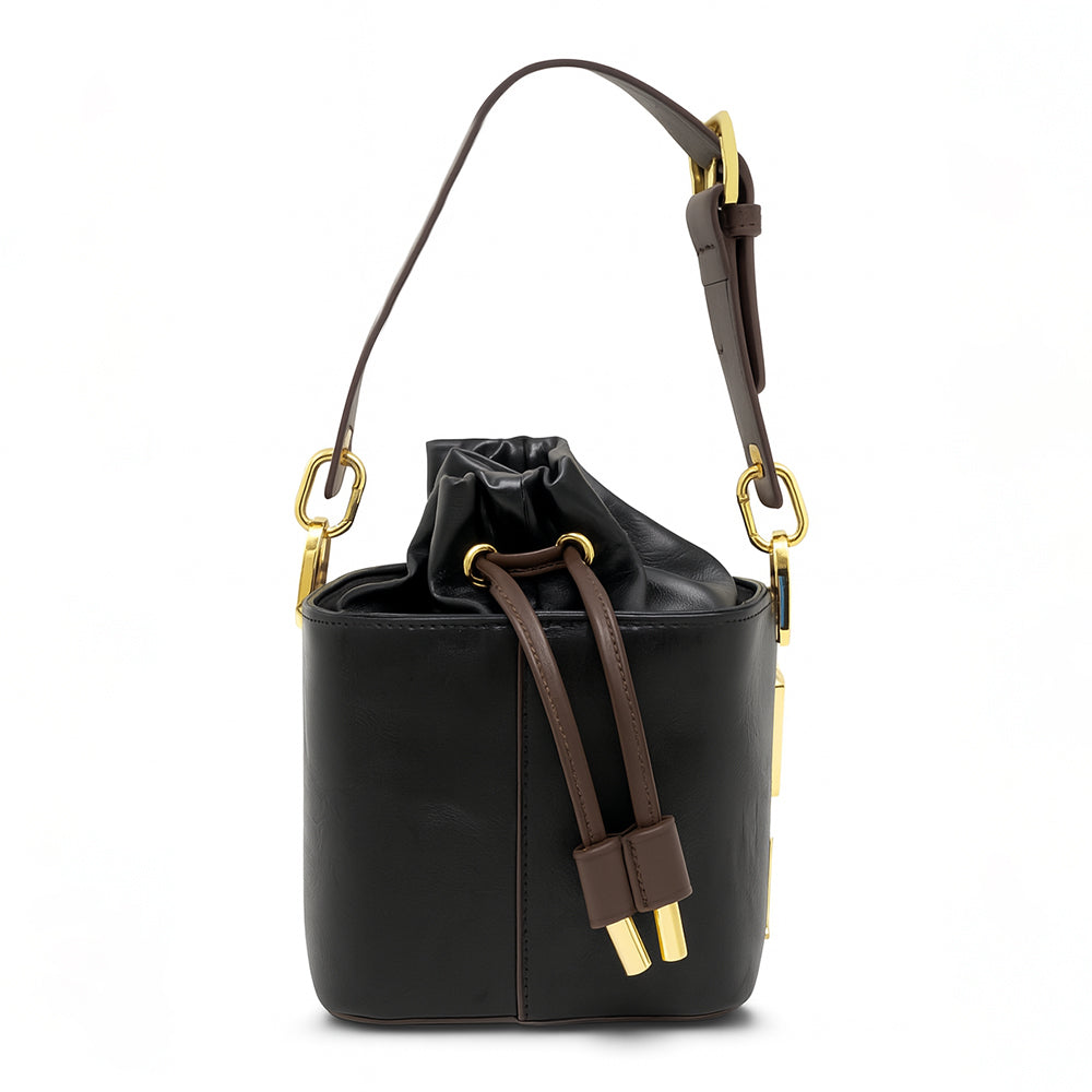 Floral Embroidered Charcoal Bucket Bag with Drawstring Closure