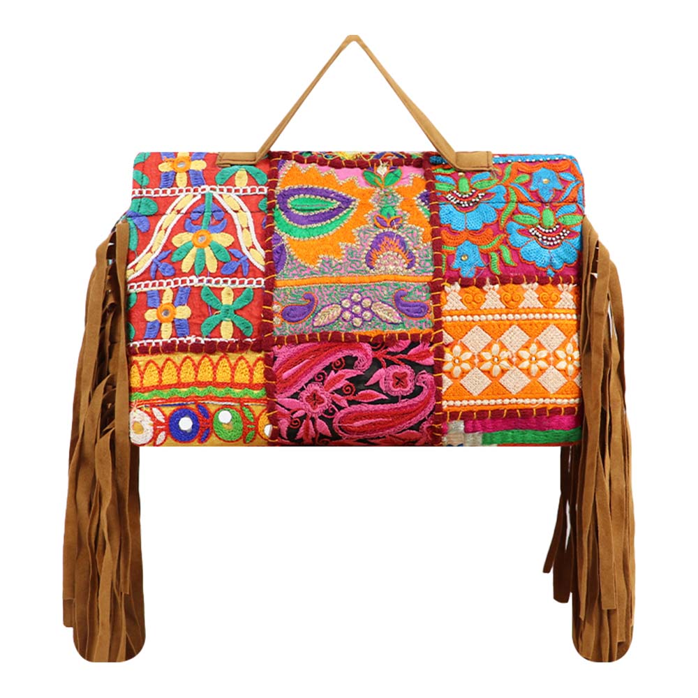 Bohemian Patchwork Fringe Handbag with Tribal Embellishments