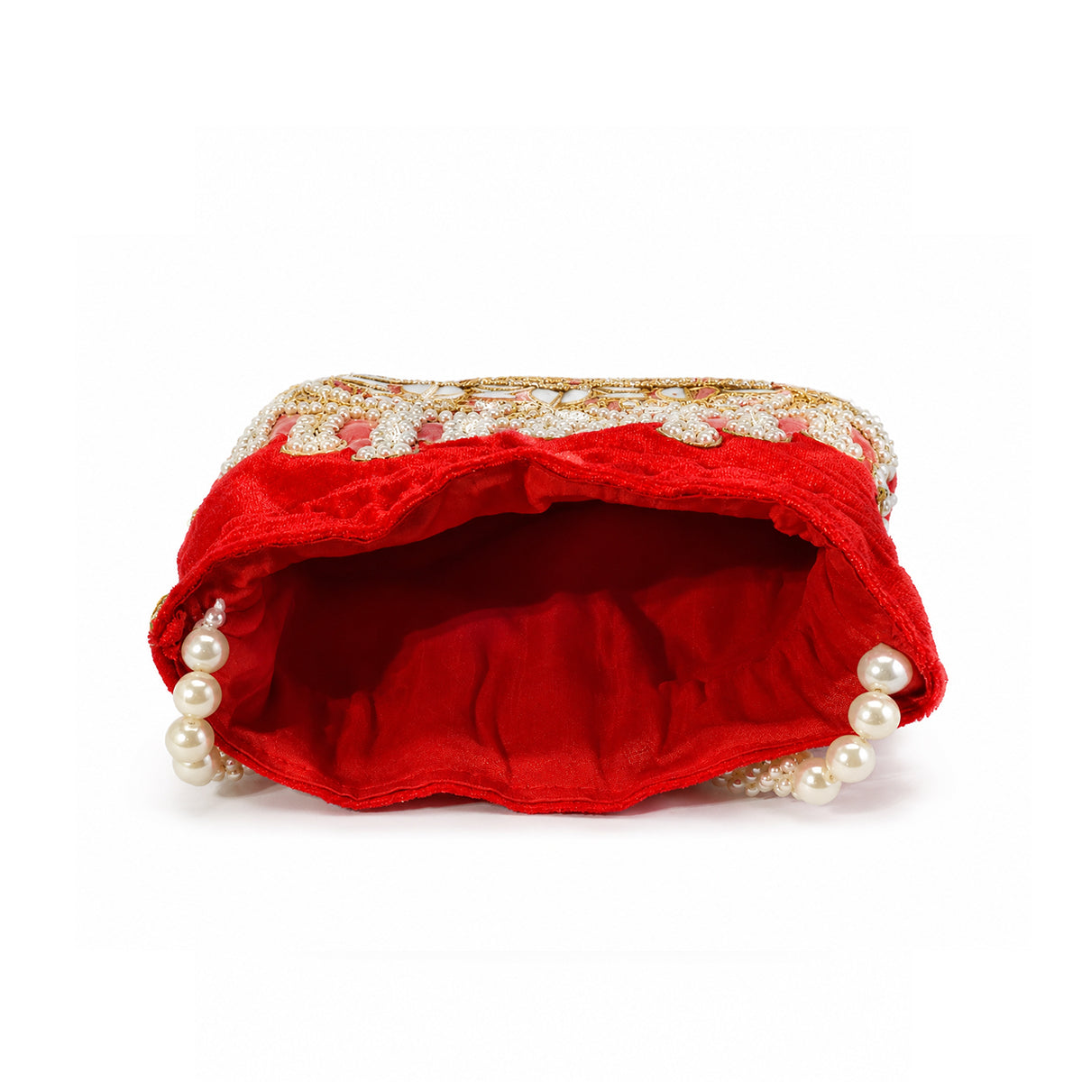 Embroidered Potli Bag with Pearl Beaded Handle & Mirror Work Bag