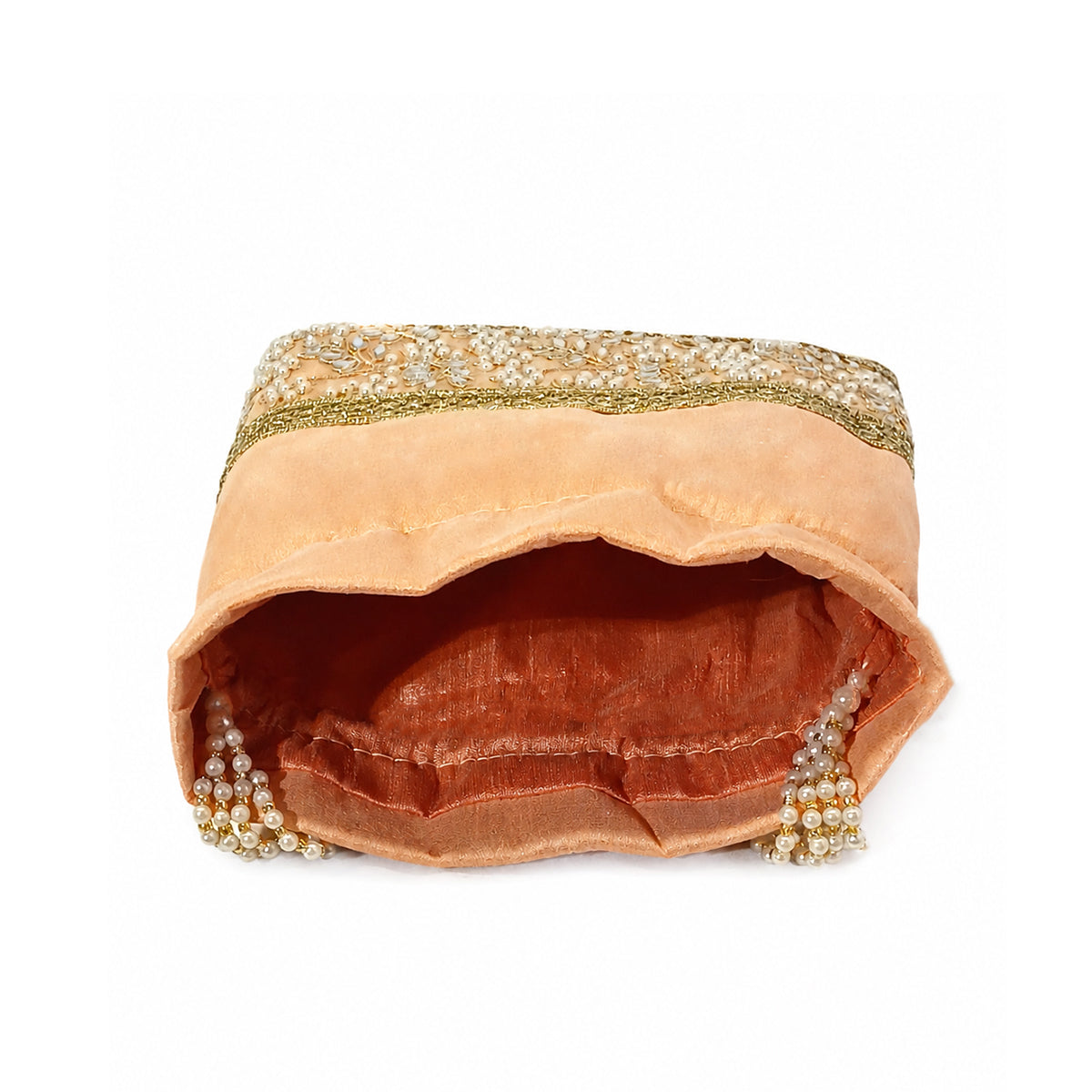 Embroidered Potli Bag with Pearl Beaded Handle & Mirror Work Bag
