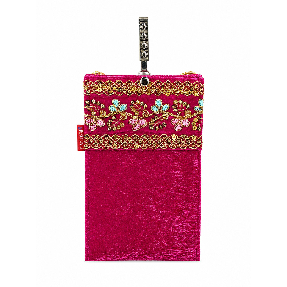 Women's Embroidered Ethnic Mobile Pouchwith Gold Chain Strap | Festive & Traditional - RED