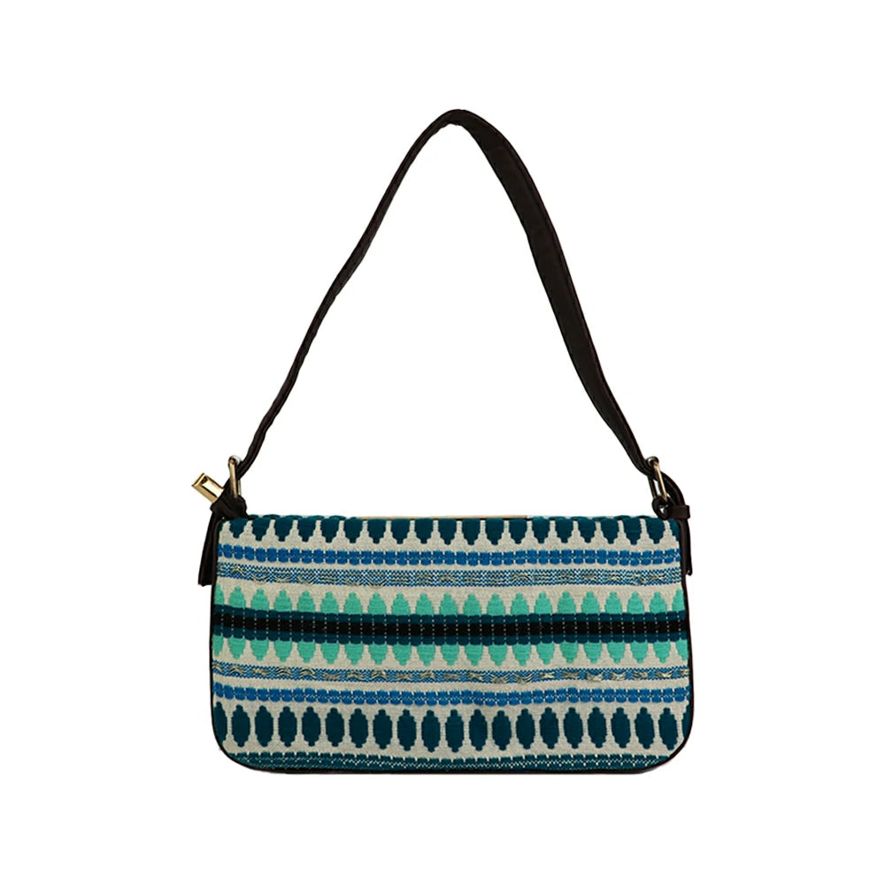 Embroidered Shoulder Bag with Detachable Strap and Zipper Closure