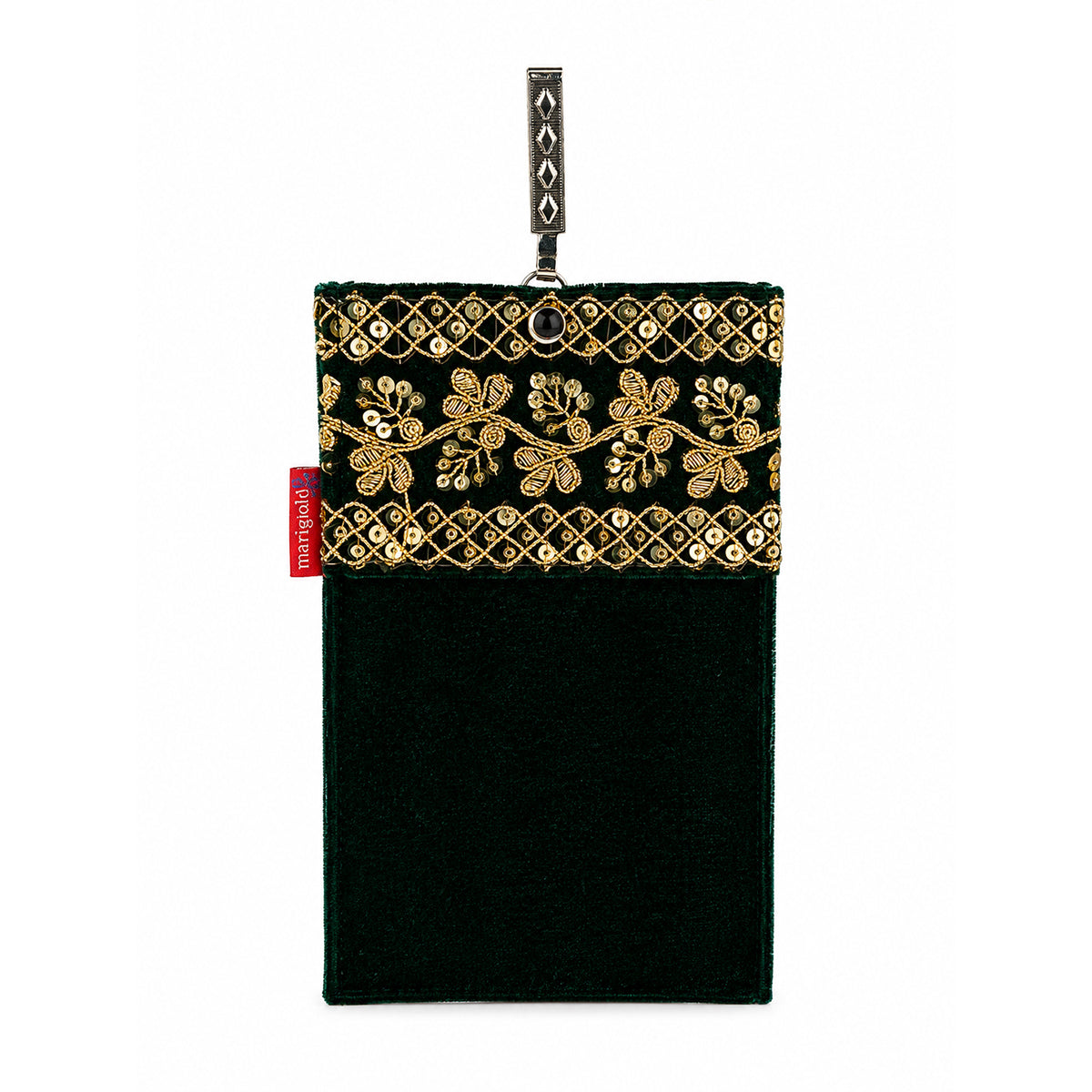 Women's Embroidered Ethnic Mobile Pouchwith Gold Chain Strap | Festive & Traditional - black